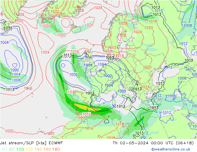 Corrente a getto ECMWF gio 02.05.2024 00 UTC