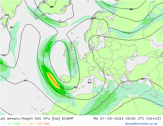 Jet stream/Height 300 hPa ECMWF We 01.05.2024 09 UTC