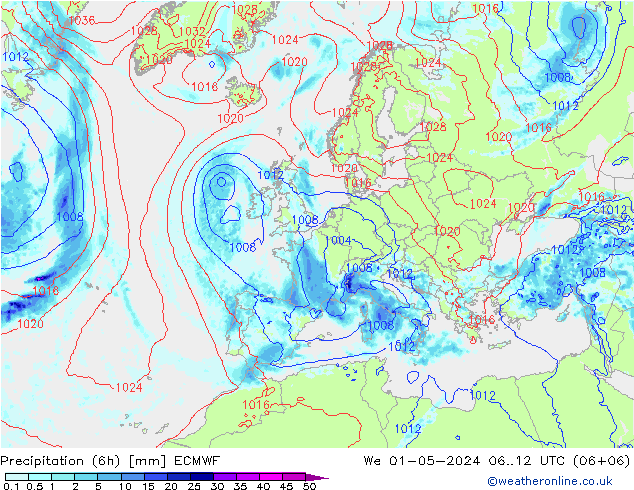 Z500/Rain (+SLP)/Z850 ECMWF mer 01.05.2024 12 UTC