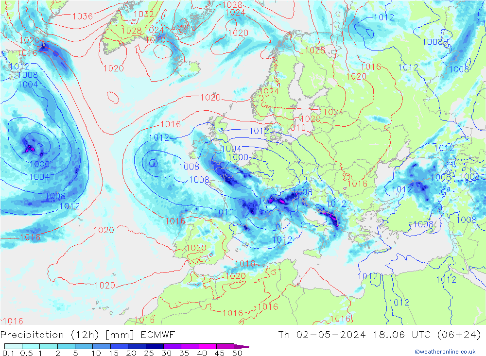 Precipitation (12h) ECMWF Th 02.05.2024 06 UTC