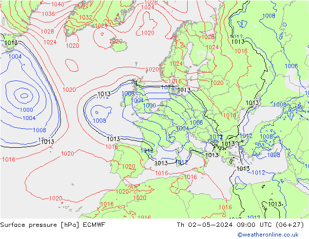 pressão do solo ECMWF Qui 02.05.2024 09 UTC