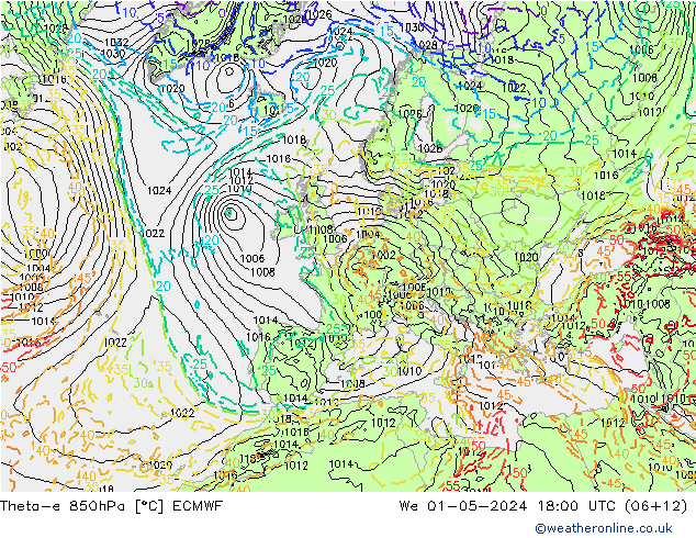 Theta-e 850hPa ECMWF Mi 01.05.2024 18 UTC