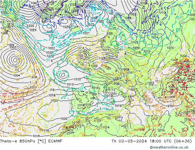 Theta-e 850hPa ECMWF czw. 02.05.2024 18 UTC