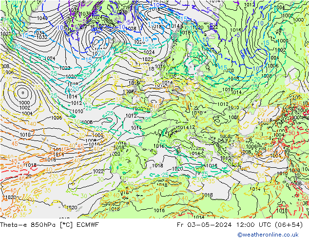 Theta-e 850hPa ECMWF ven 03.05.2024 12 UTC