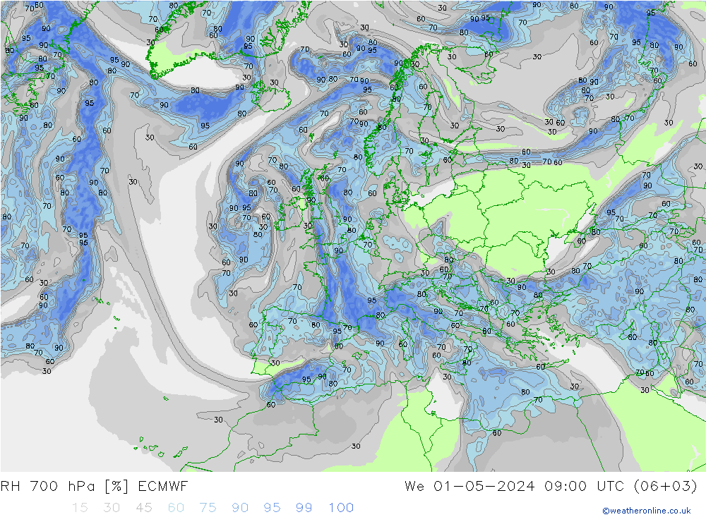 Humidité rel. 700 hPa ECMWF mer 01.05.2024 09 UTC