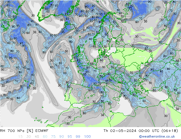 RH 700 hPa ECMWF gio 02.05.2024 00 UTC