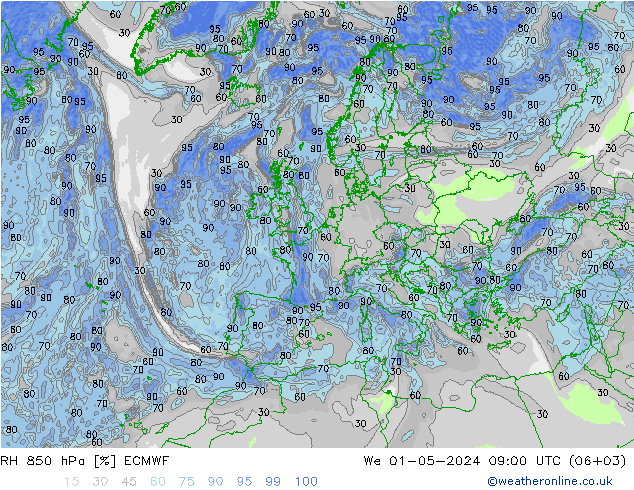 RH 850 hPa ECMWF Mi 01.05.2024 09 UTC