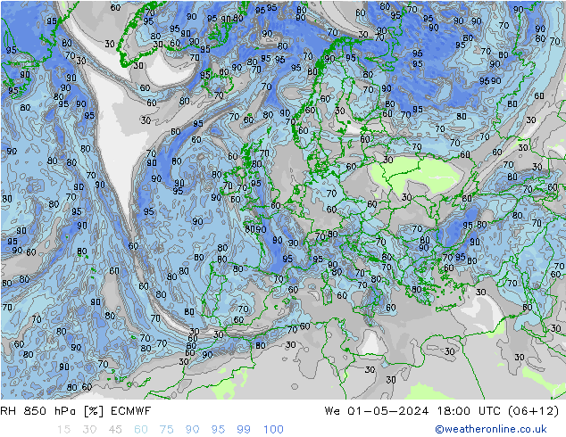 Humidité rel. 850 hPa ECMWF mer 01.05.2024 18 UTC