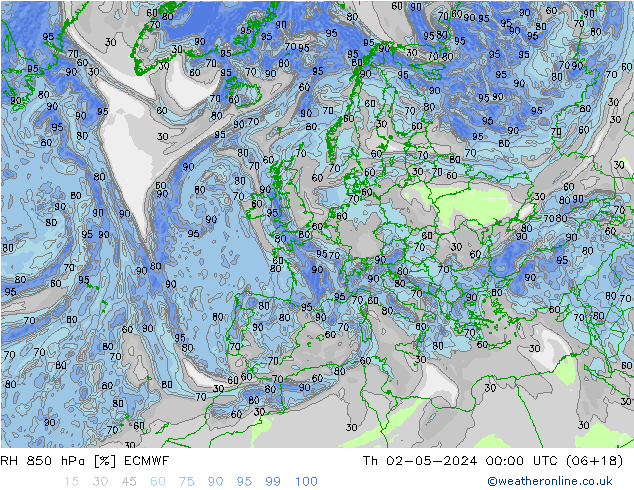 RH 850 hPa ECMWF gio 02.05.2024 00 UTC