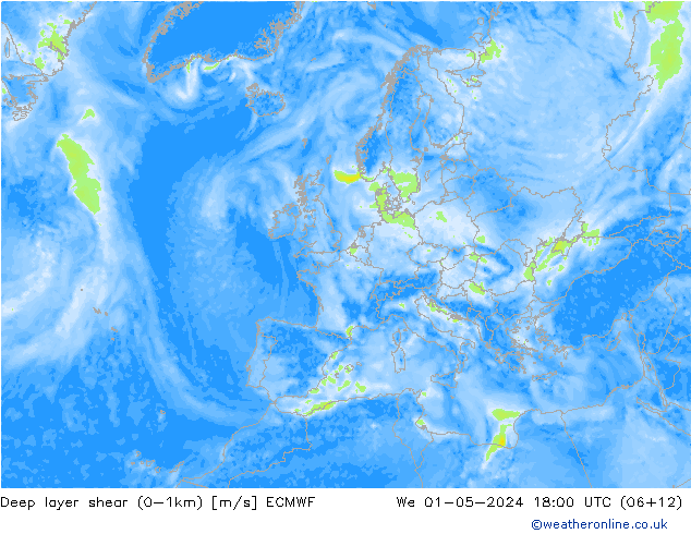 Deep layer shear (0-1km) ECMWF Mi 01.05.2024 18 UTC