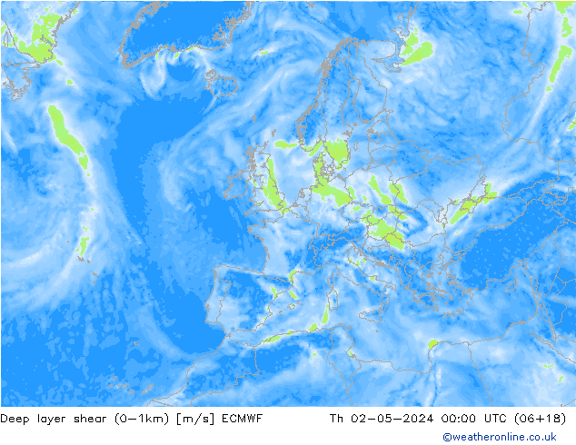 Deep layer shear (0-1km) ECMWF gio 02.05.2024 00 UTC