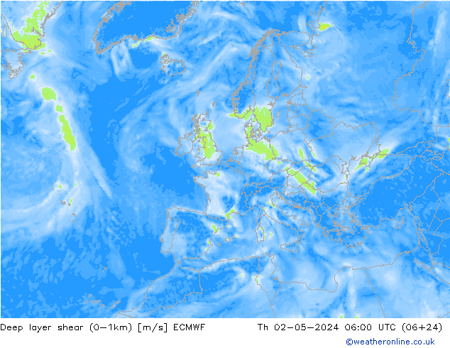 Deep layer shear (0-1km) ECMWF Th 02.05.2024 06 UTC