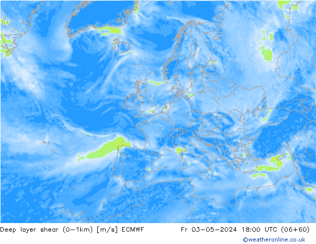 Deep layer shear (0-1km) ECMWF Fr 03.05.2024 18 UTC