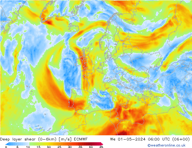 Deep layer shear (0-6km) ECMWF  01.05.2024 06 UTC