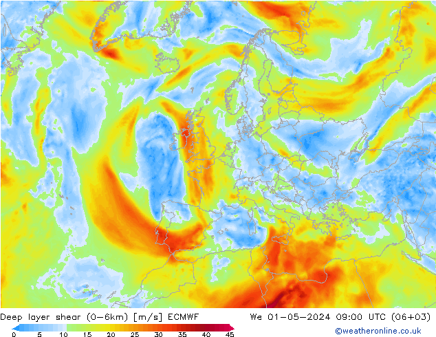 Deep layer shear (0-6km) ECMWF We 01.05.2024 09 UTC