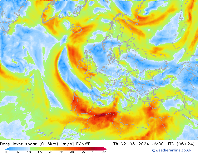 Deep layer shear (0-6km) ECMWF Th 02.05.2024 06 UTC