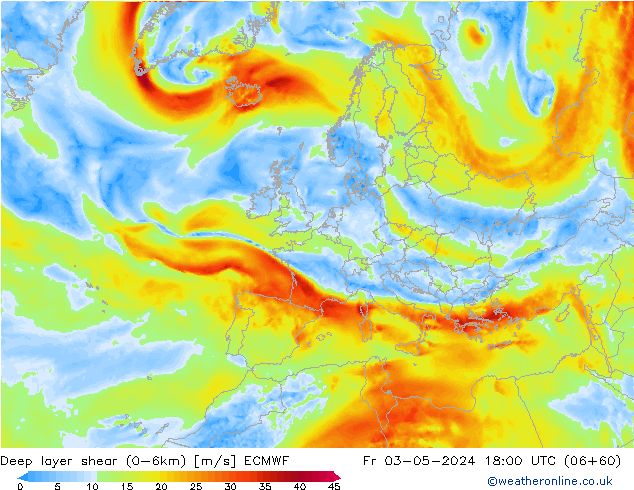 Deep layer shear (0-6km) ECMWF Fr 03.05.2024 18 UTC