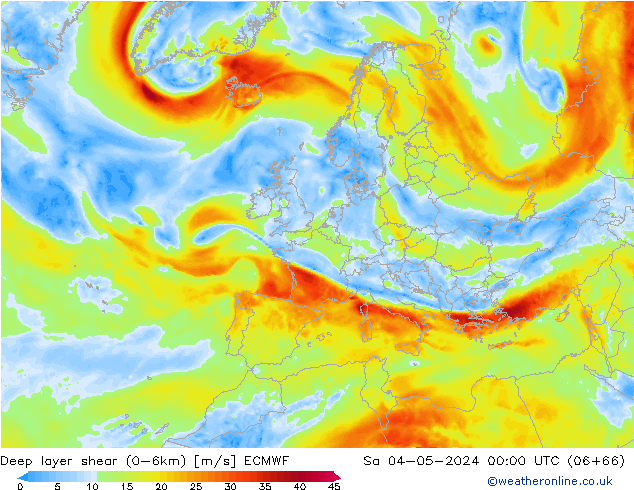 Deep layer shear (0-6km) ECMWF Sa 04.05.2024 00 UTC