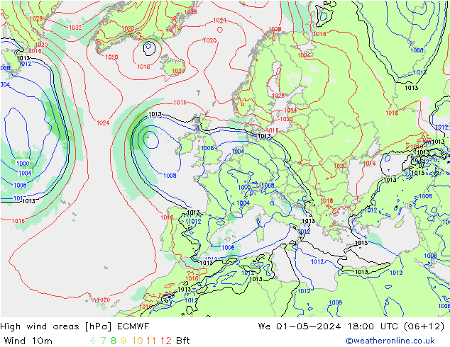 High wind areas ECMWF mer 01.05.2024 18 UTC