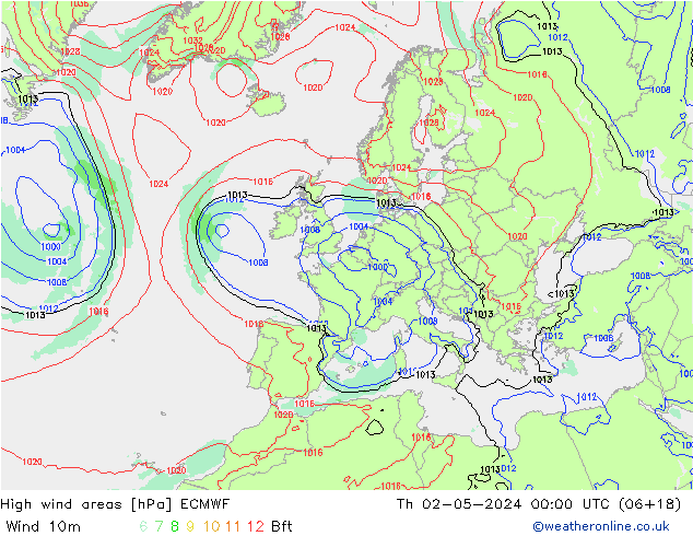 High wind areas ECMWF Th 02.05.2024 00 UTC