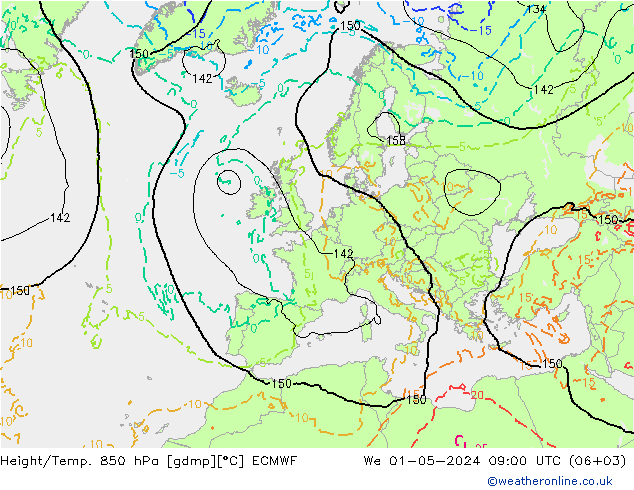 Height/Temp. 850 hPa ECMWF Mi 01.05.2024 09 UTC