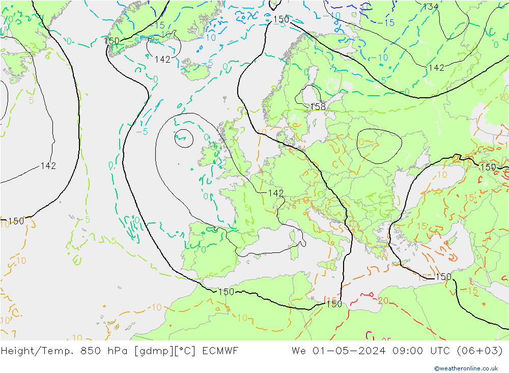 Height/Temp. 850 hPa ECMWF Mi 01.05.2024 09 UTC