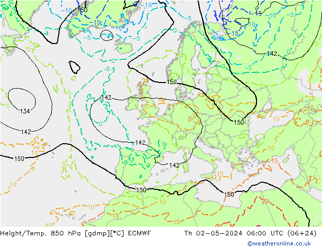 Height/Temp. 850 hPa ECMWF czw. 02.05.2024 06 UTC