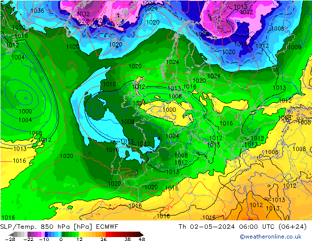 SLP/Temp. 850 hPa ECMWF Th 02.05.2024 06 UTC