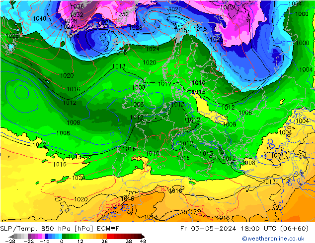 SLP/Temp. 850 hPa ECMWF vr 03.05.2024 18 UTC