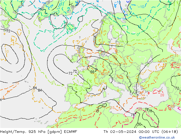 Height/Temp. 925 hPa ECMWF gio 02.05.2024 00 UTC