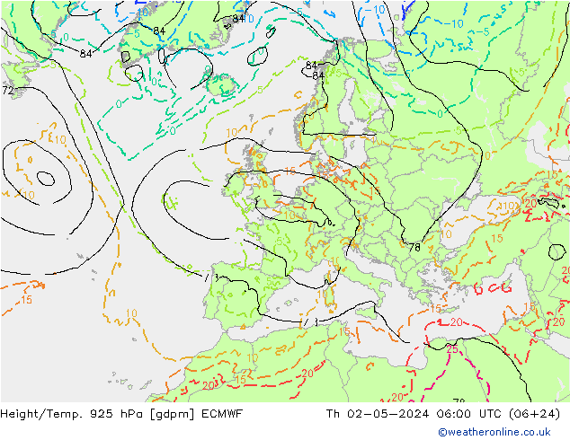 Height/Temp. 925 hPa ECMWF Do 02.05.2024 06 UTC