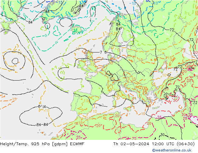 Yükseklik/Sıc. 925 hPa ECMWF Per 02.05.2024 12 UTC