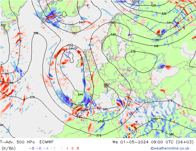 T-Adv. 500 hPa ECMWF Çar 01.05.2024 09 UTC