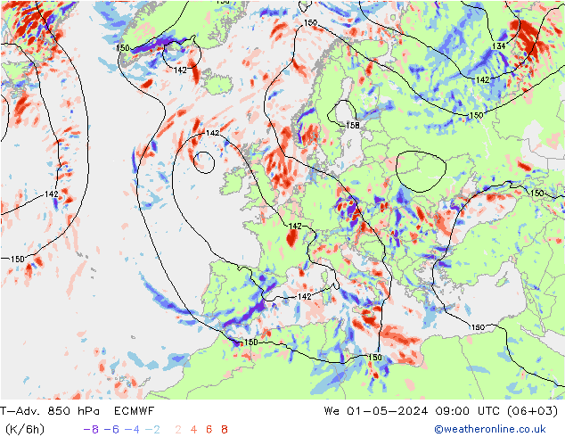 T-Adv. 850 hPa ECMWF mer 01.05.2024 09 UTC
