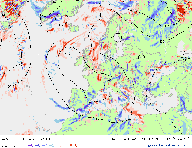 T-Adv. 850 hPa ECMWF wo 01.05.2024 12 UTC