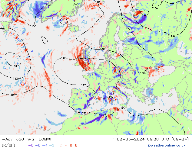 T-Adv. 850 hPa ECMWF Qui 02.05.2024 06 UTC