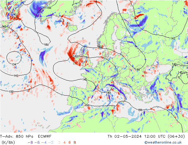 T-Adv. 850 hPa ECMWF Th 02.05.2024 12 UTC