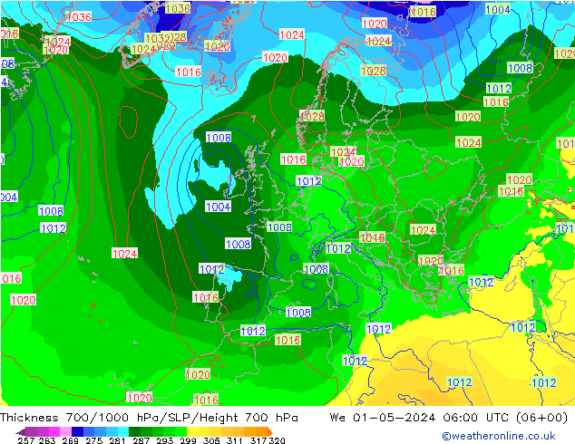 Schichtdicke 700-1000 hPa ECMWF Mi 01.05.2024 06 UTC