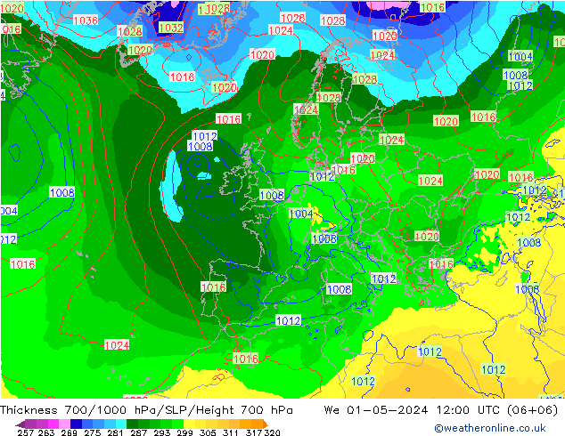 Schichtdicke 700-1000 hPa ECMWF Mi 01.05.2024 12 UTC