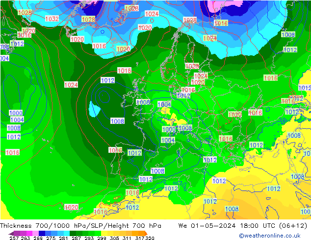 Schichtdicke 700-1000 hPa ECMWF Mi 01.05.2024 18 UTC