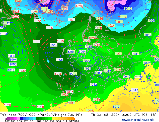 700-1000 hPa Kalınlığı ECMWF Per 02.05.2024 00 UTC