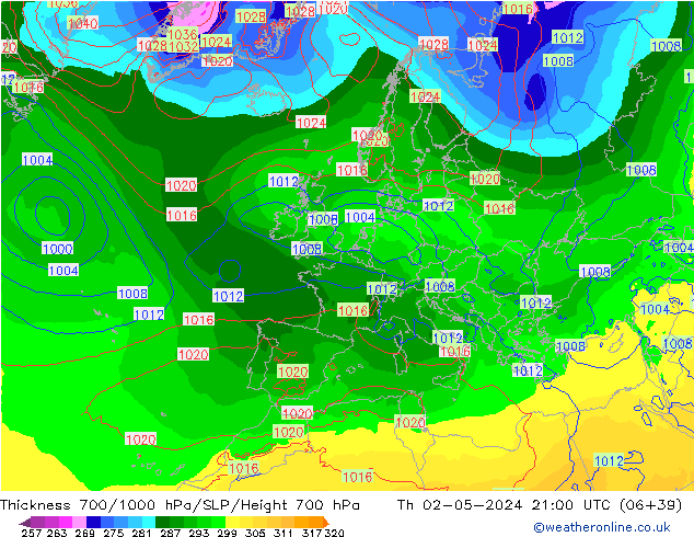 Thck 700-1000 hPa ECMWF Th 02.05.2024 21 UTC