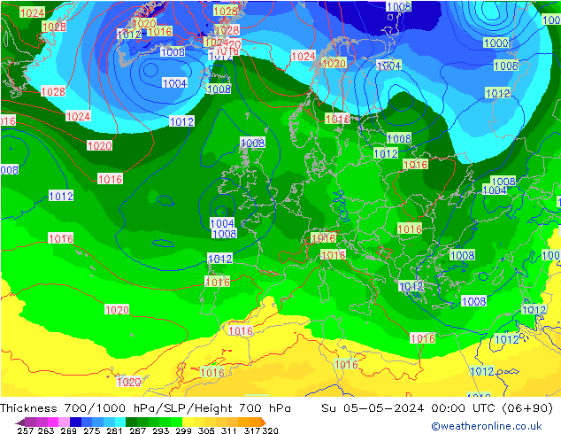 Schichtdicke 700-1000 hPa ECMWF So 05.05.2024 00 UTC