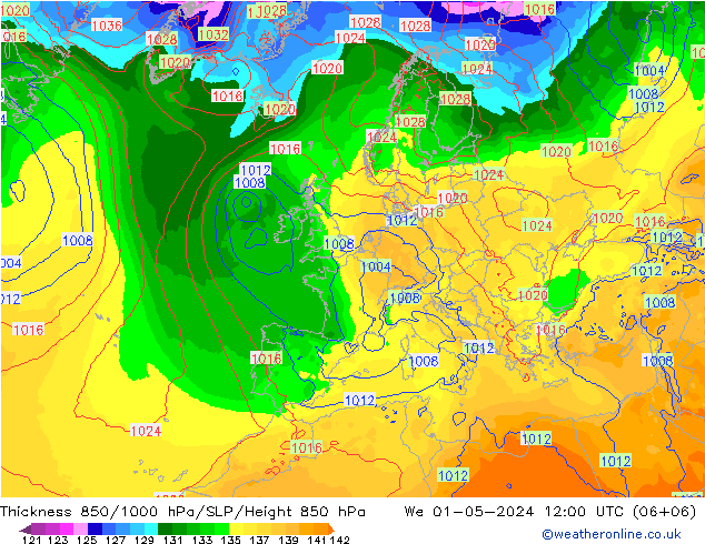 Thck 850-1000 hPa ECMWF śro. 01.05.2024 12 UTC