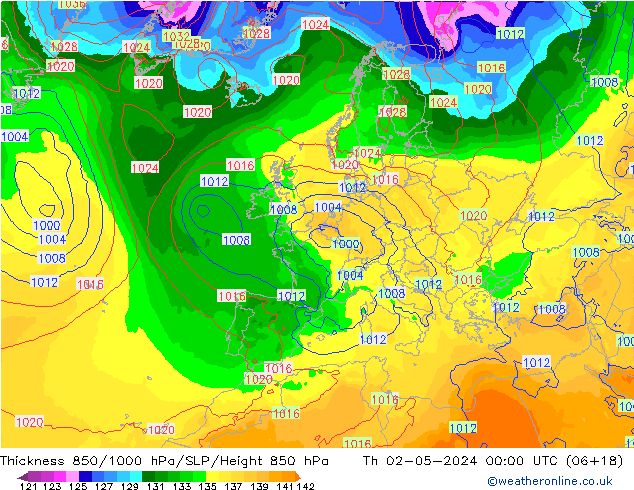 Thck 850-1000 hPa ECMWF Qui 02.05.2024 00 UTC