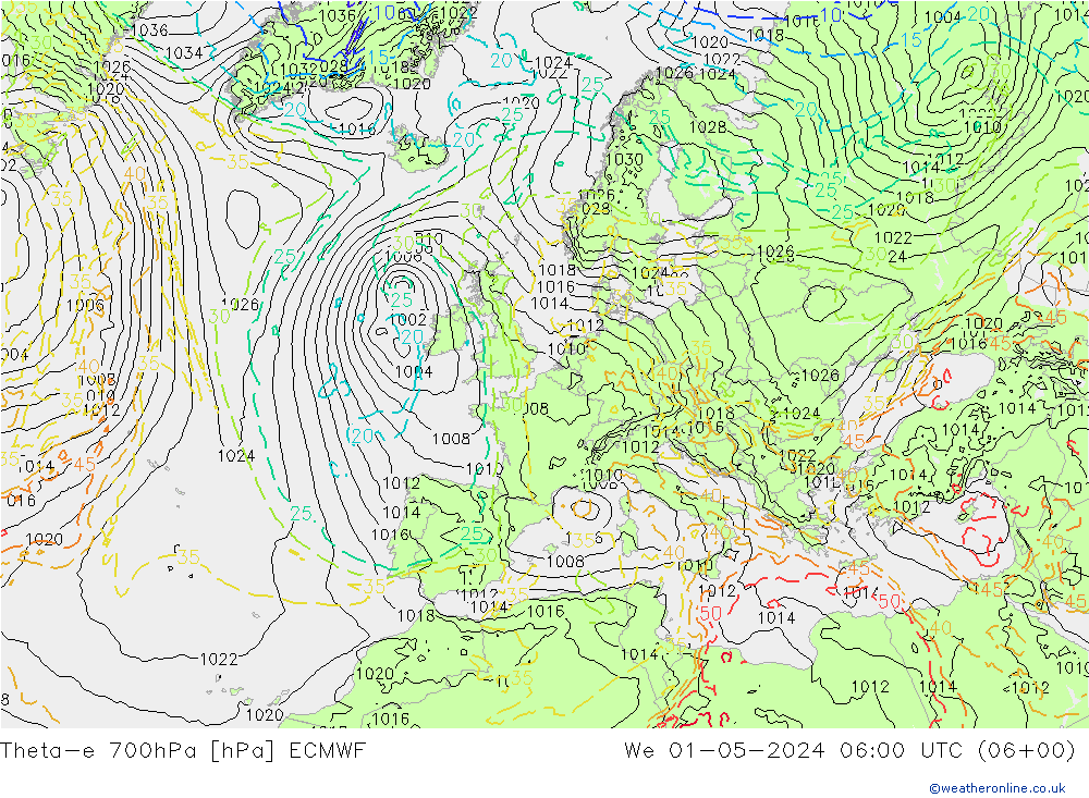 Theta-e 700hPa ECMWF Mi 01.05.2024 06 UTC