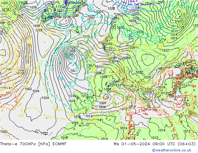 Theta-e 700hPa ECMWF We 01.05.2024 09 UTC