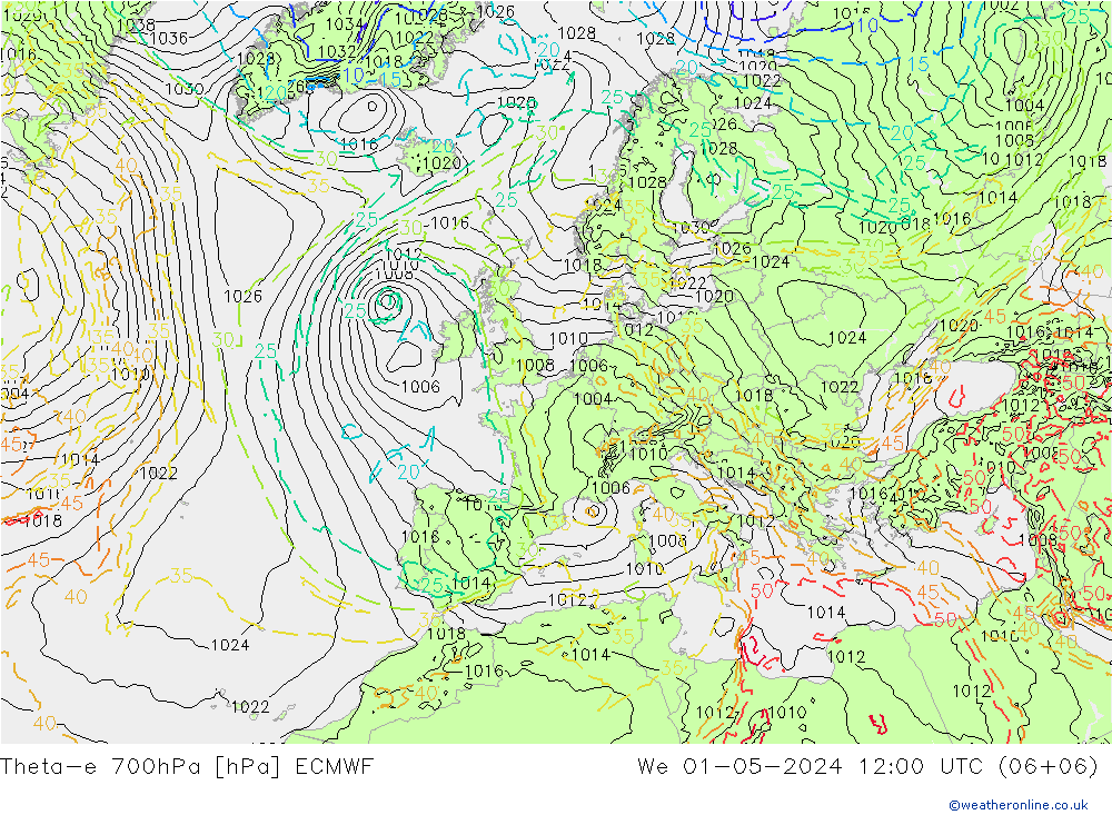 Theta-e 700hPa ECMWF mer 01.05.2024 12 UTC