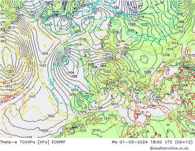 Theta-e 700hPa ECMWF Mi 01.05.2024 18 UTC