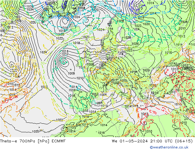 Theta-e 700hPa ECMWF We 01.05.2024 21 UTC